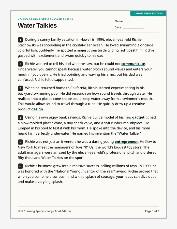 Water Talkies Worksheet