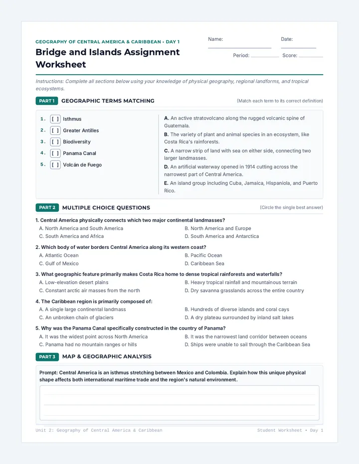 Bridge and Islands Assignment Worksheet