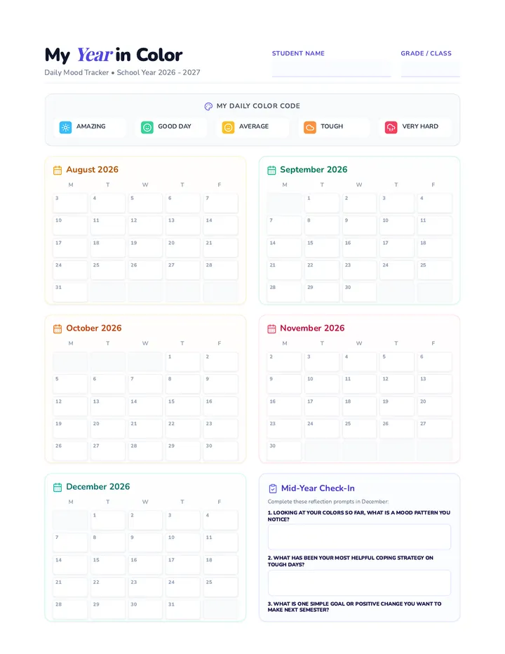 Color Mood Tracker Worksheet