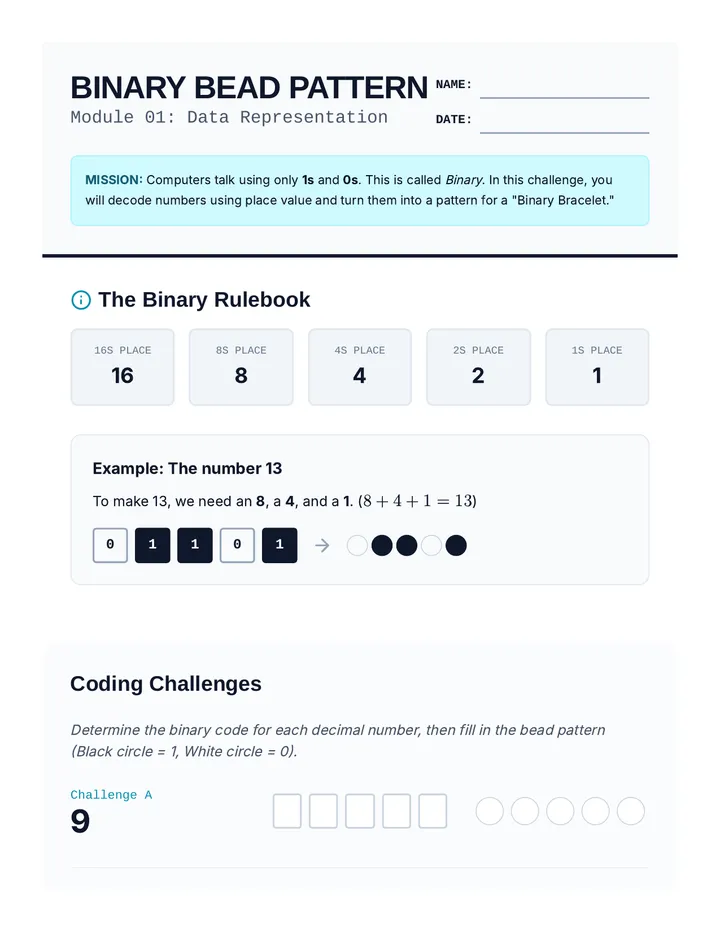 Binary Bead Worksheet