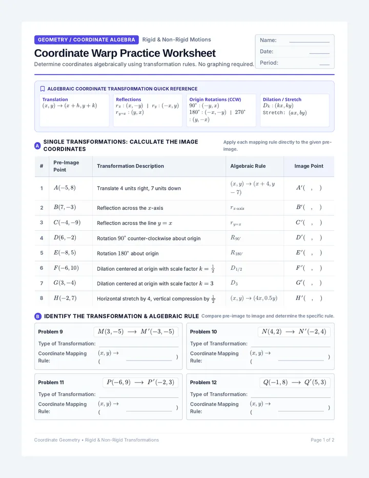 Coordinate Warp Practice Worksheet