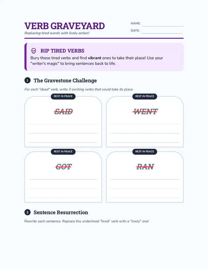 Verb Graveyard Worksheet