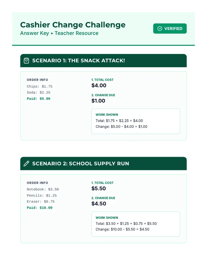 Cashier Change Challenge Answer Key