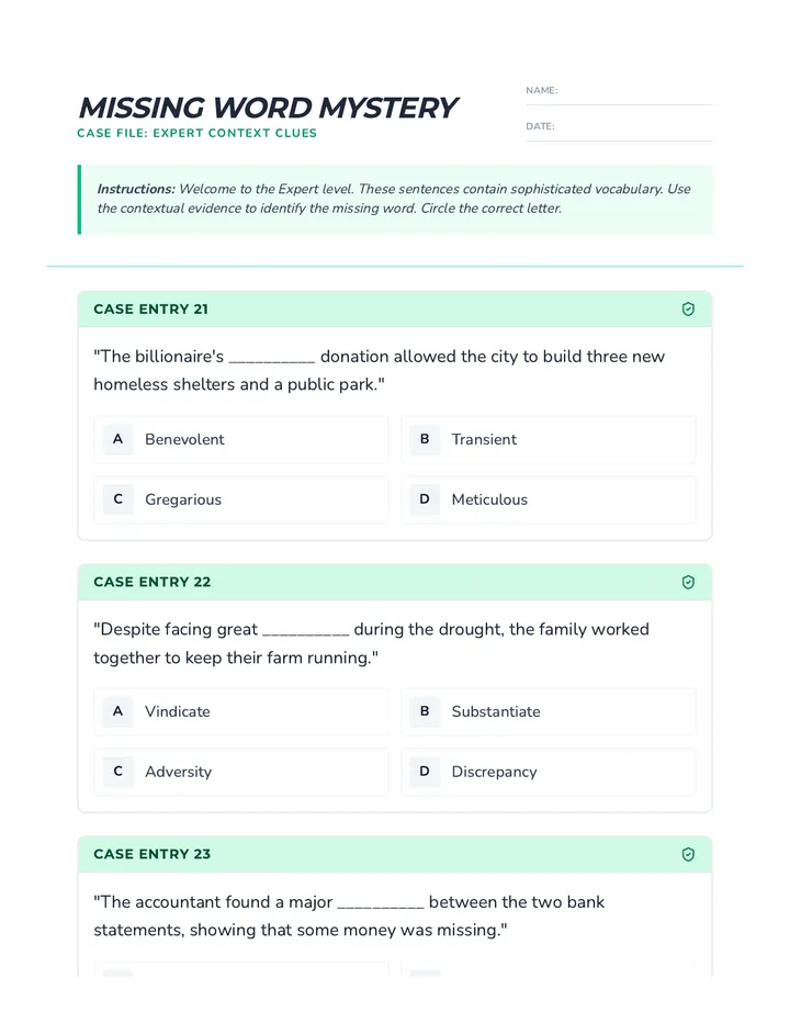 Missing Word Expert Worksheet