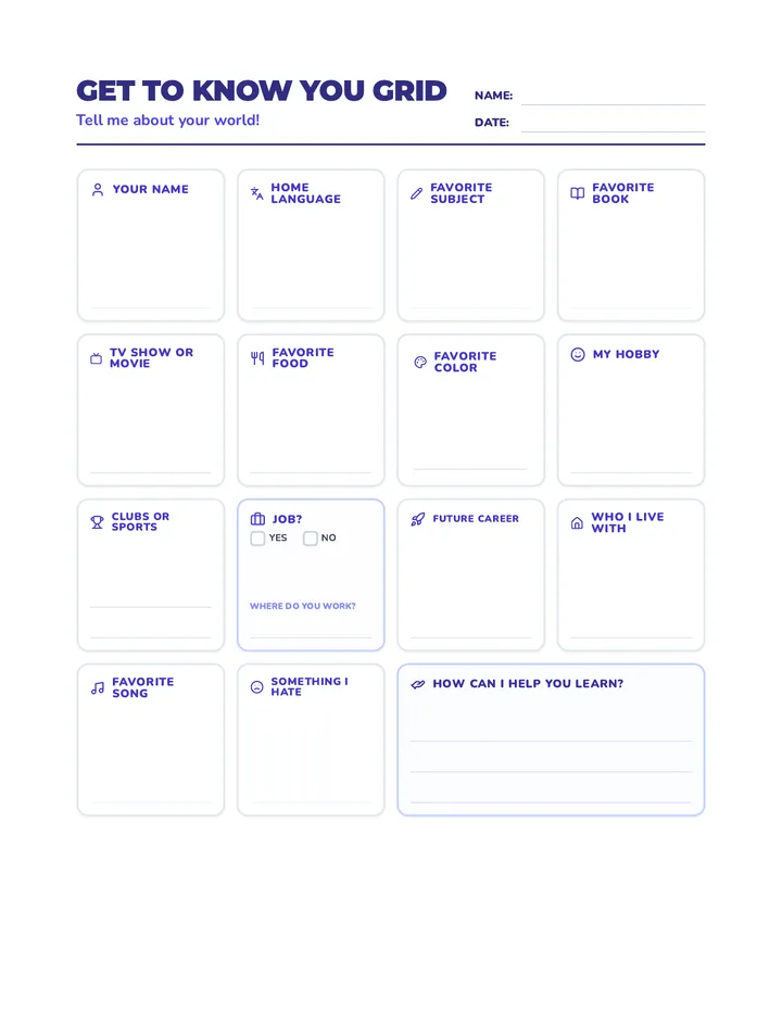Get to Know You Grid Worksheet