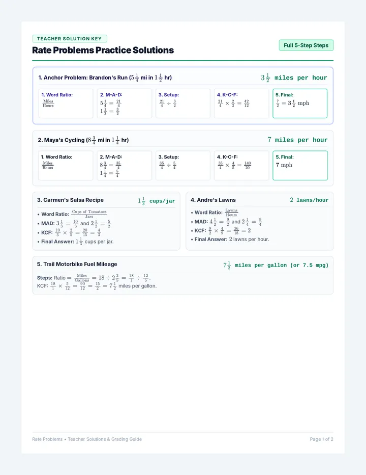Rate Problems Answer Key