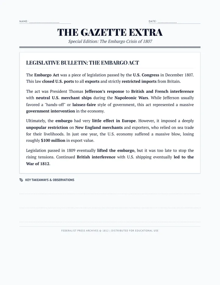 Embargo Reading Handout