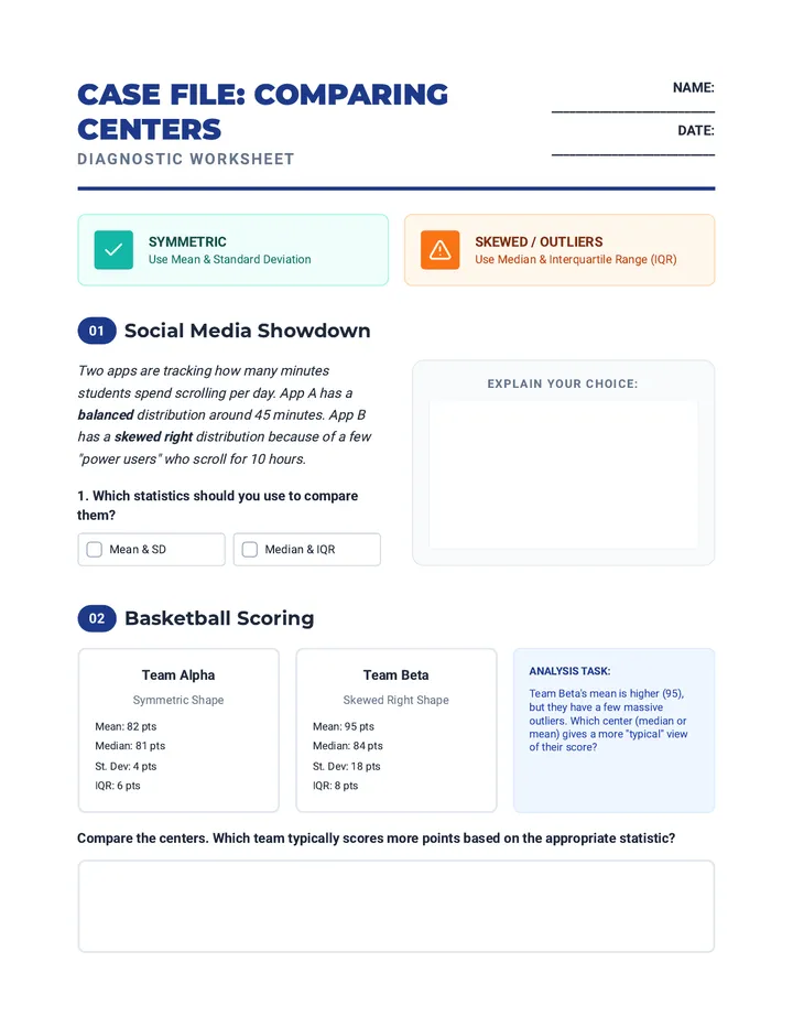 Comparing Centers Worksheet