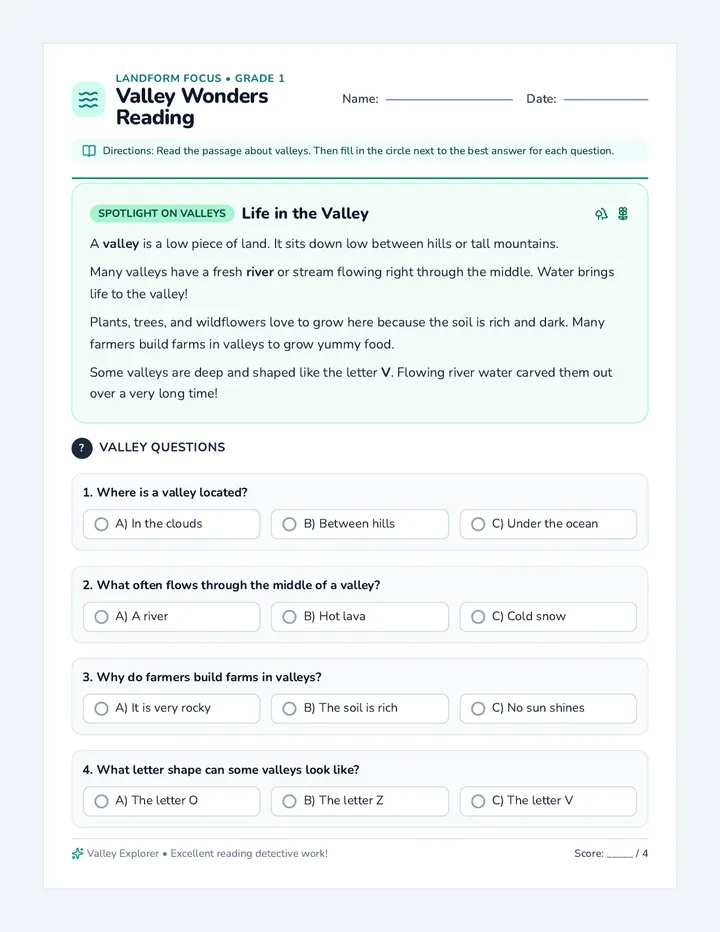 Valley Wonders Reading Worksheet