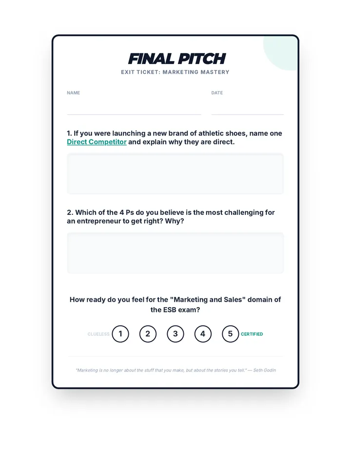 Final Pitch Closure Exit Ticket