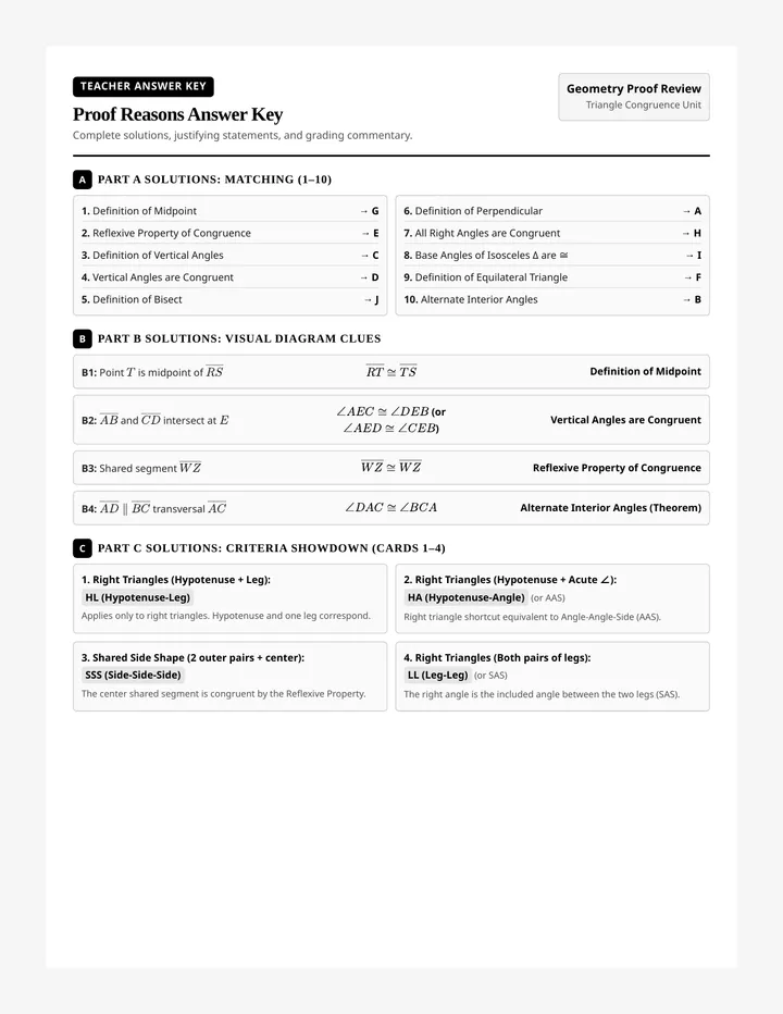 Proof Reasons Answer Key