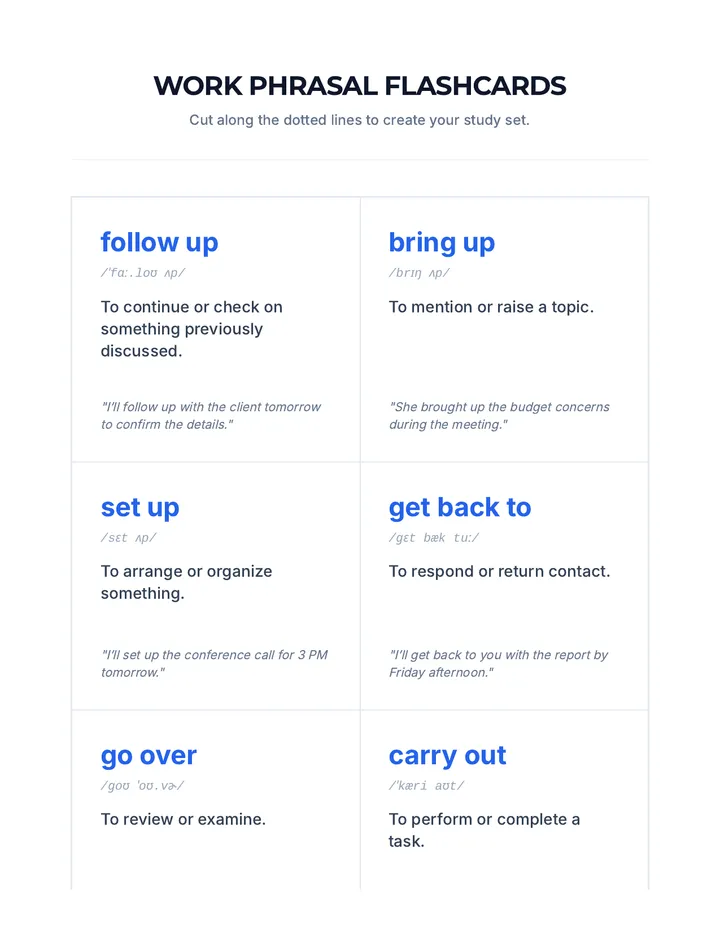 Work Phrasal Flashcards Study Set