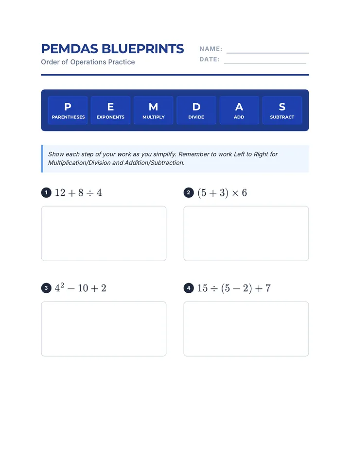 PEMDAS Blueprints Worksheet