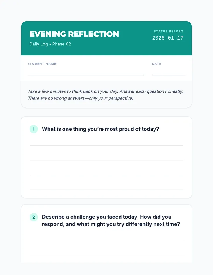Evening Reflection Prompts Journal Sheet