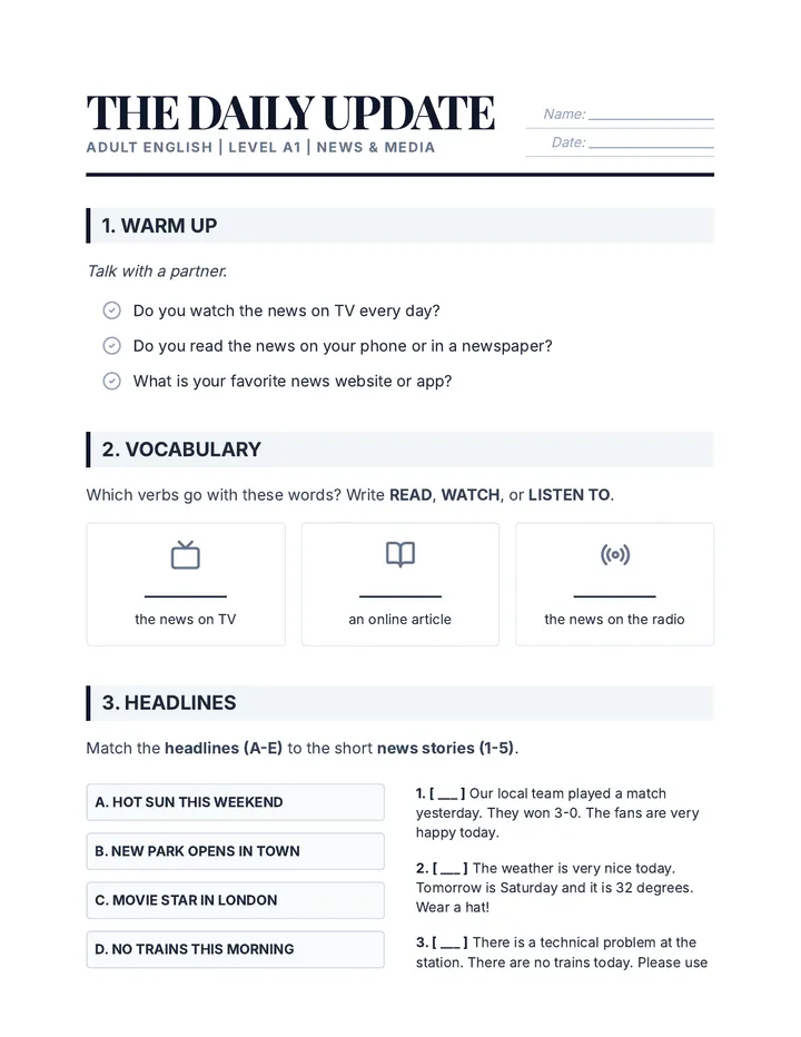 Updates Worksheet The Daily Update News Lesson • Lesson • Lenny.com