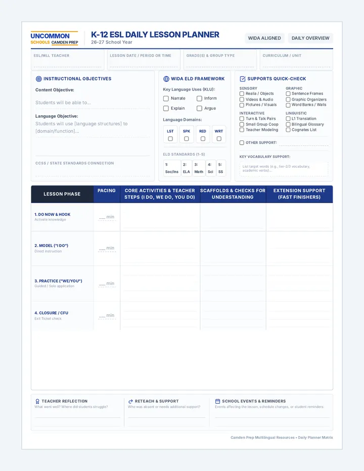 Camden Prep Weekly Planning Matrix