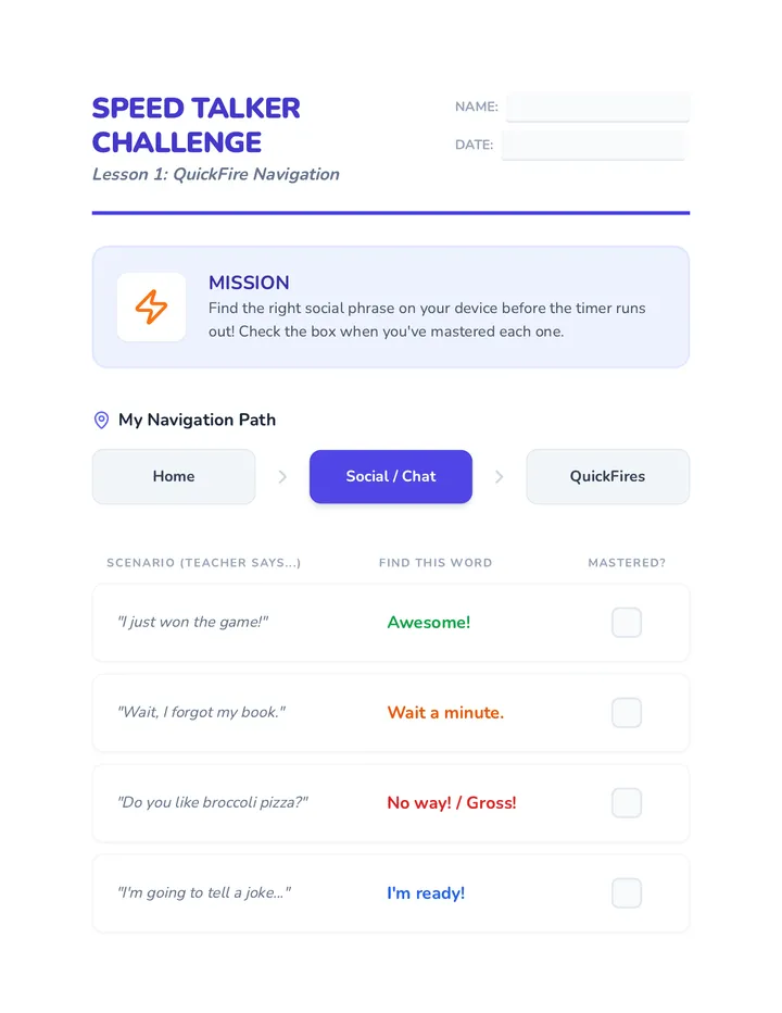 Speed Talker Challenge Worksheet