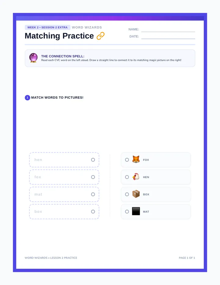 Picture Word Match Practice Sheet