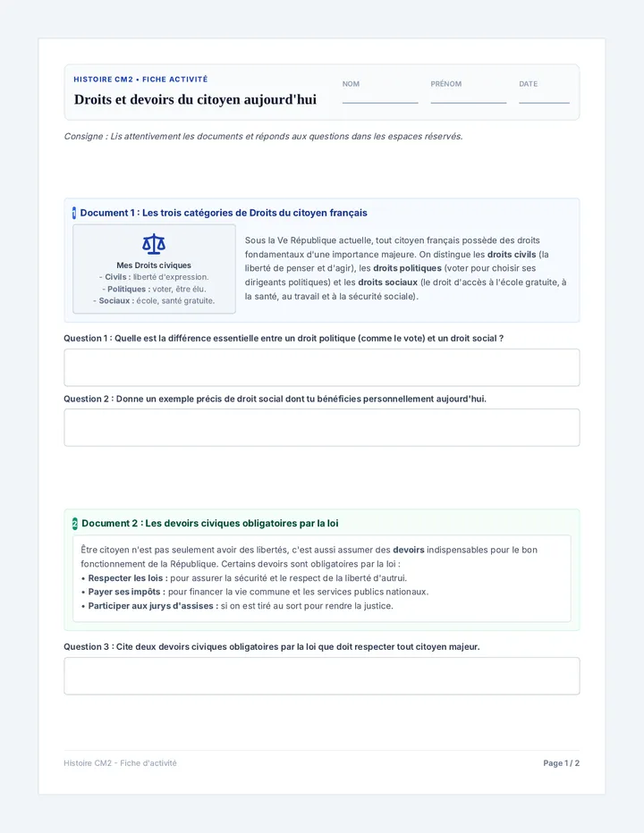 Devoirs Republique Fiche Activite