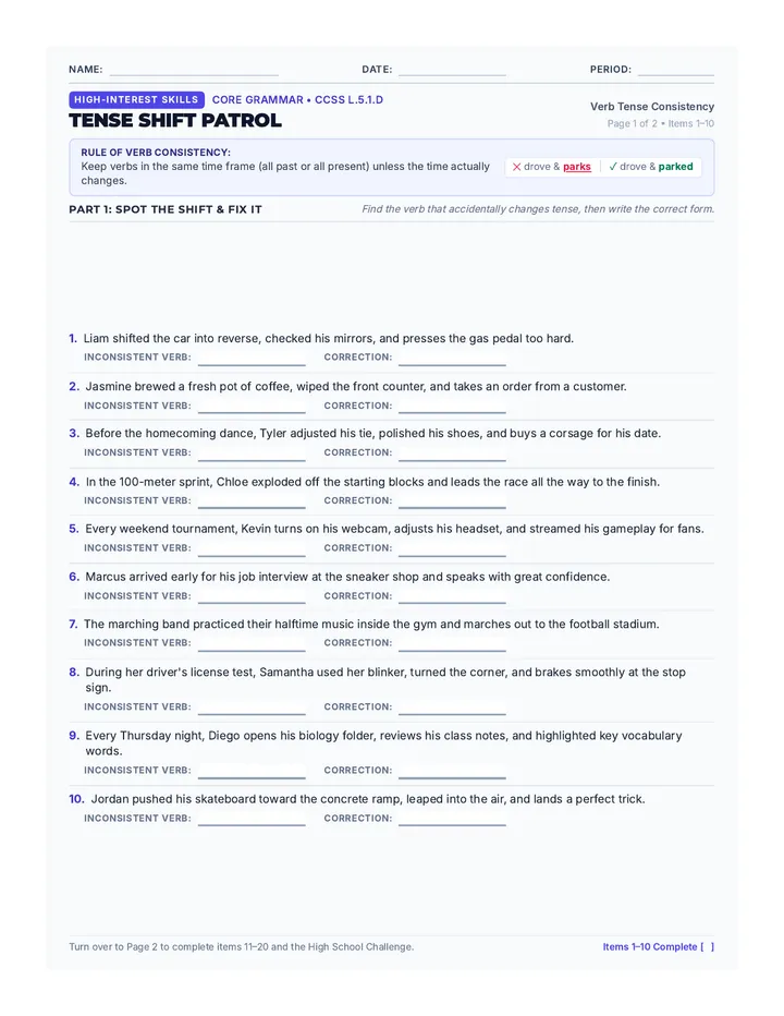 Tense Shift Patrol Worksheet