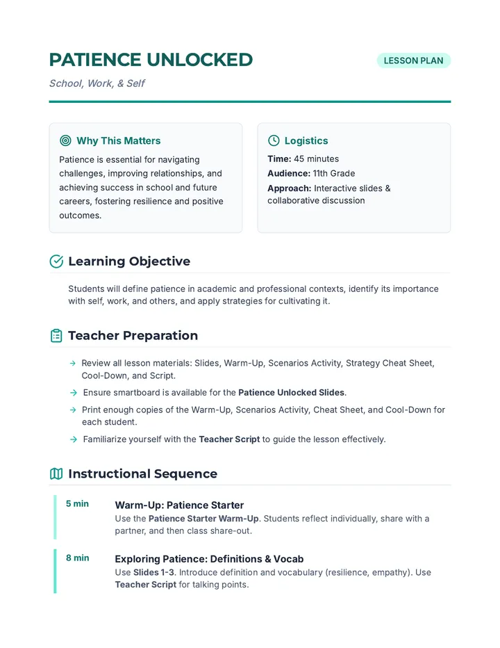 Patience Unlocked Lesson Plan