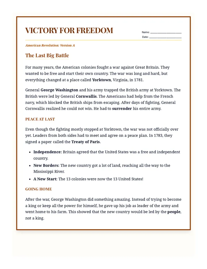 American Revolution End Version A Worksheet