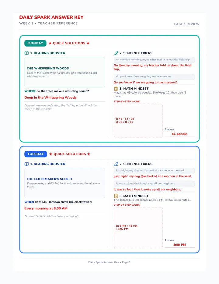 Daily Spark Answer Key
