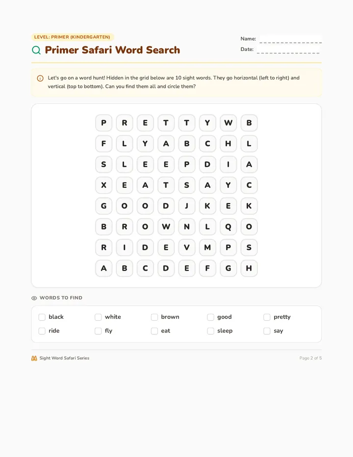 Primer Safari Word Search