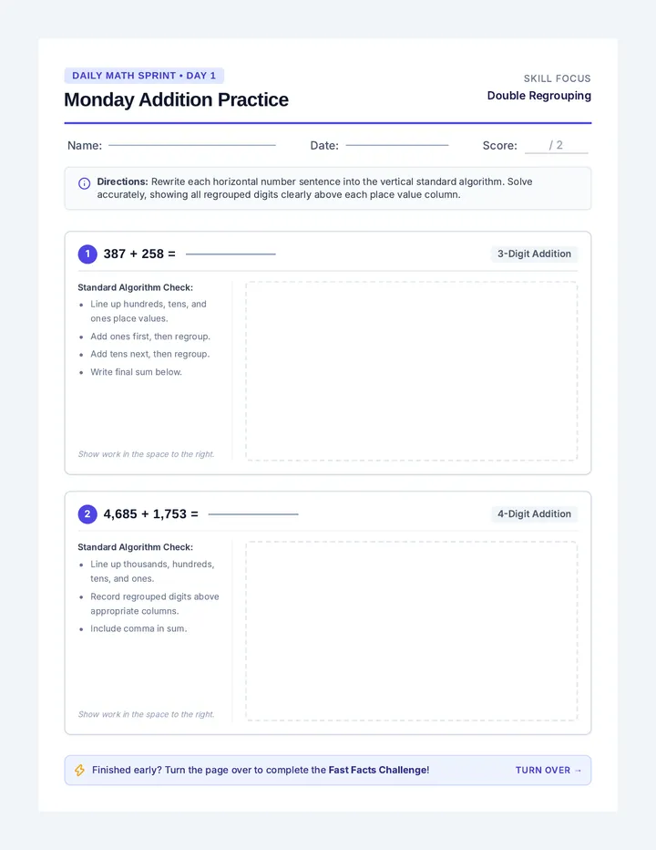 Monday Addition Worksheet