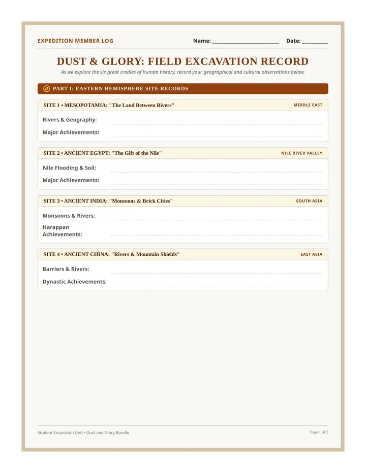 Dust and Glory Worksheet