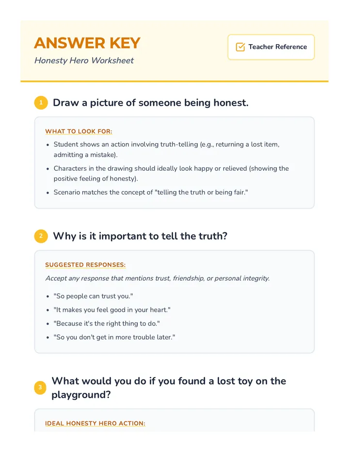 Honesty Hero Worksheet Answer Key