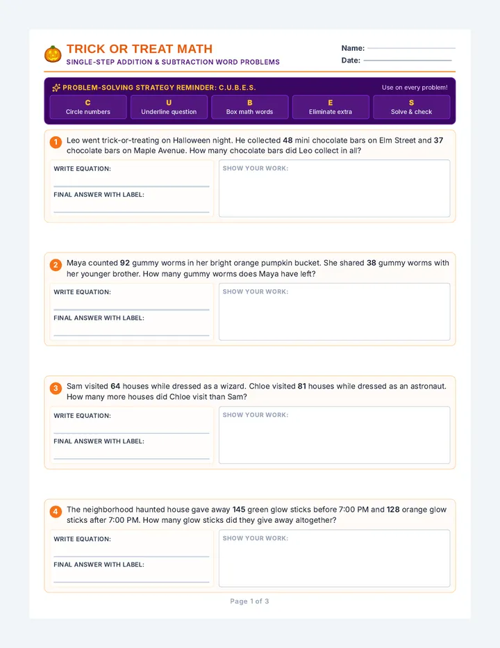 Spooky Treat Math Worksheet