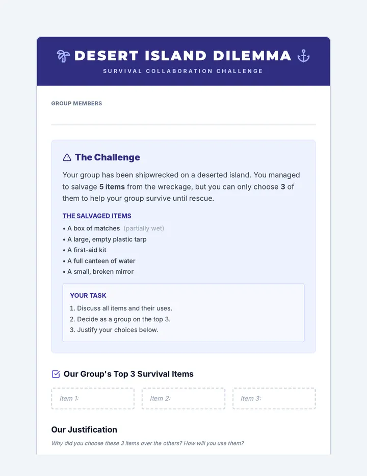 Desert Island Challenge Worksheet