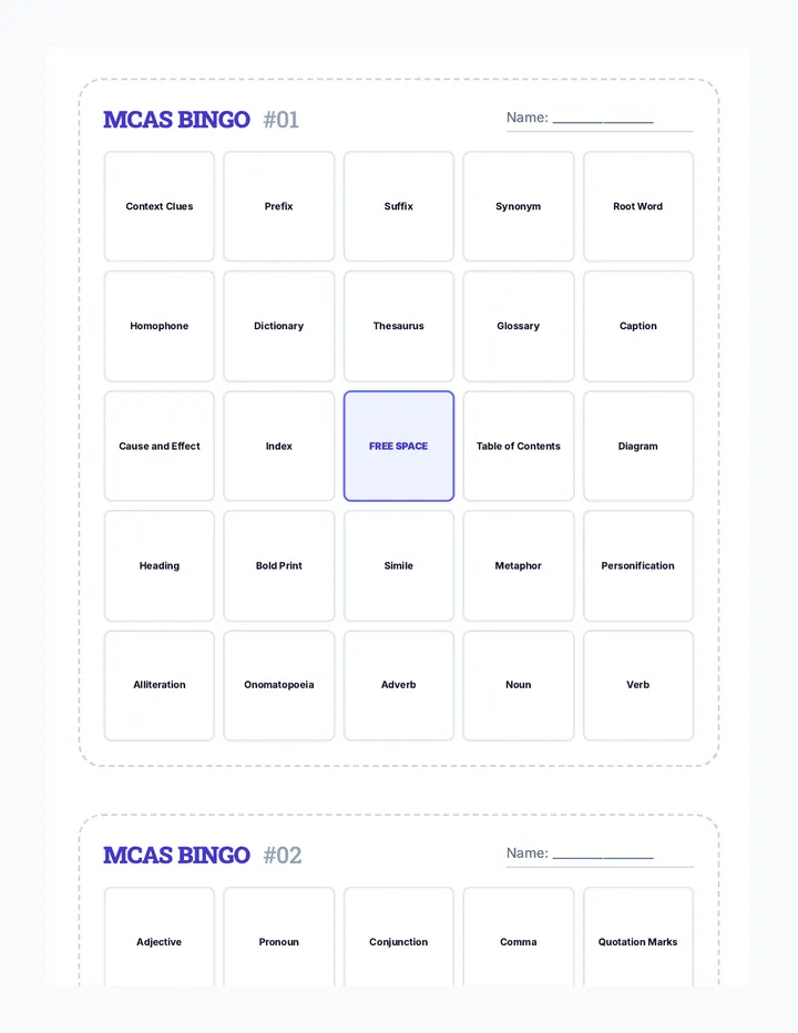 MCAS Bingo Cards