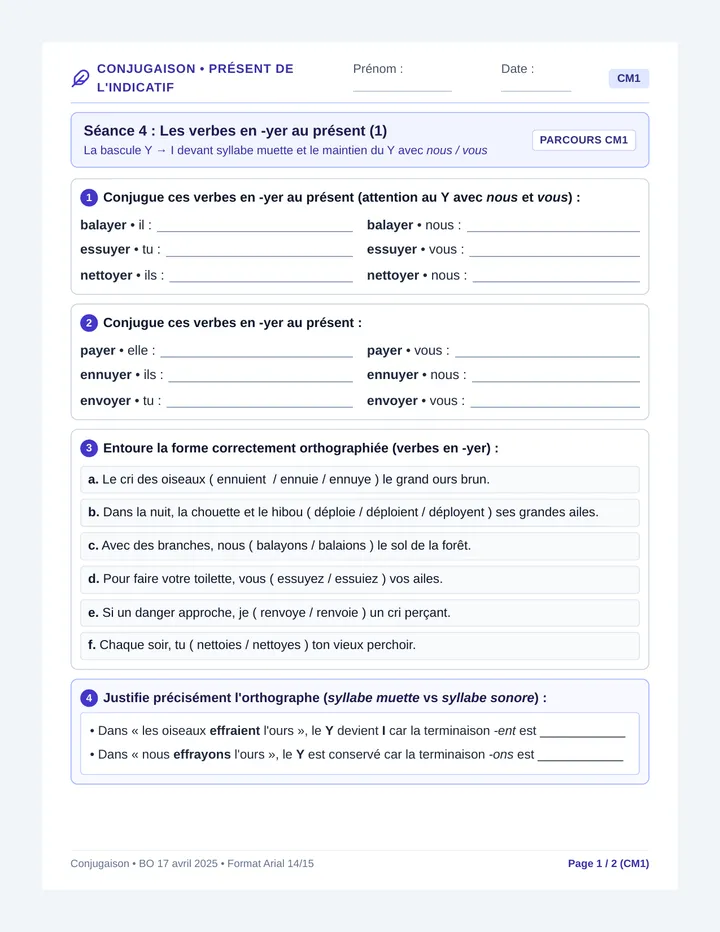 Chouette Conjugaison Fiche Eleve