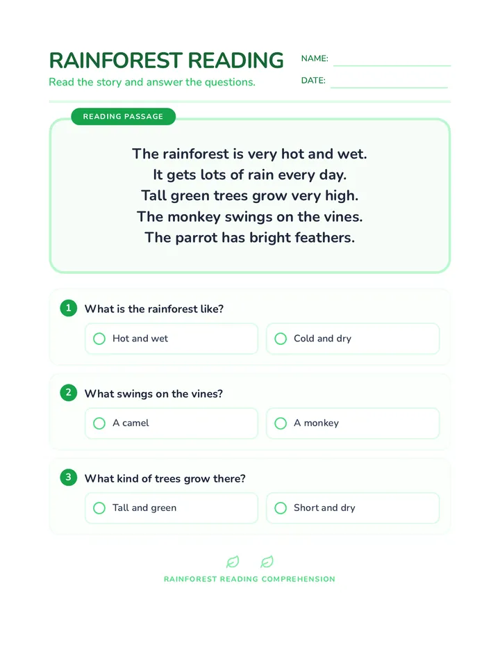 Rainforest Reading Worksheet