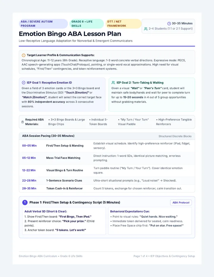 Emotion Bingo ABA Lesson Plan