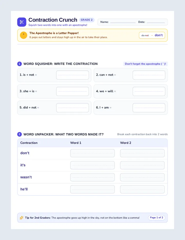 Contraction Crunch Worksheet