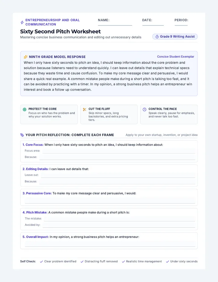 Sixty Second Pitch Worksheet