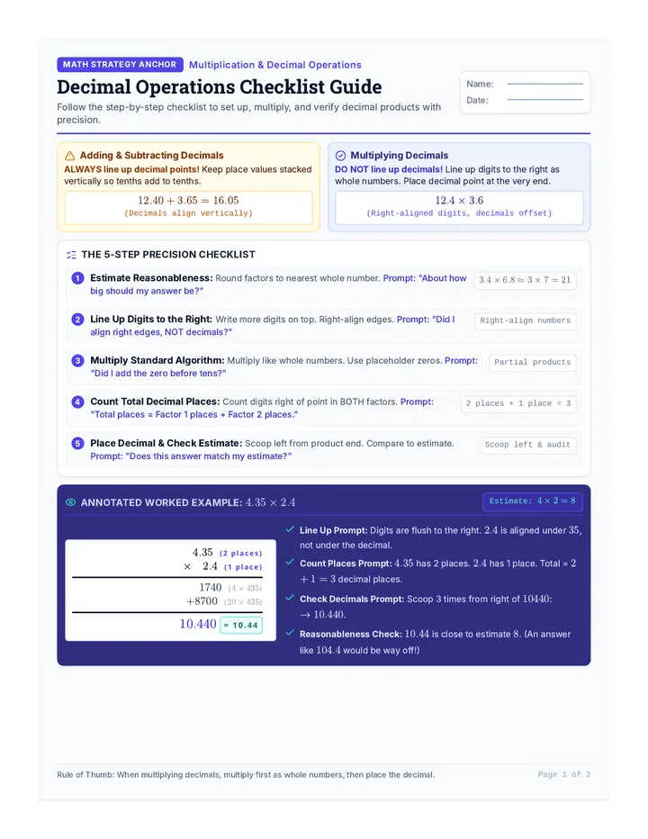 Decimal Precision Checklist Worksheet