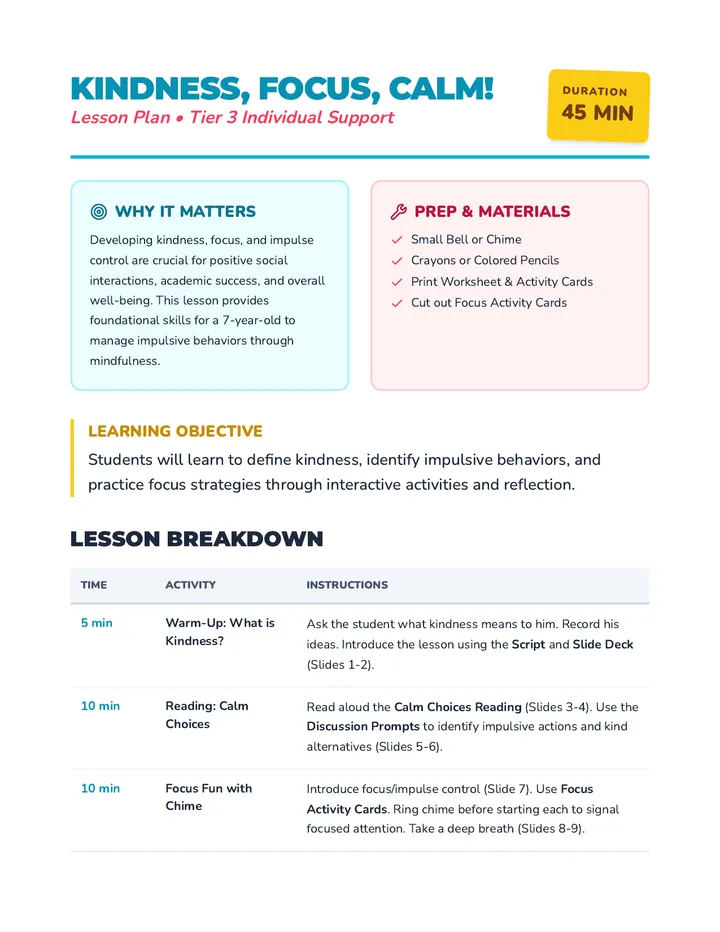 Kindness Focus Calm Lesson Plan