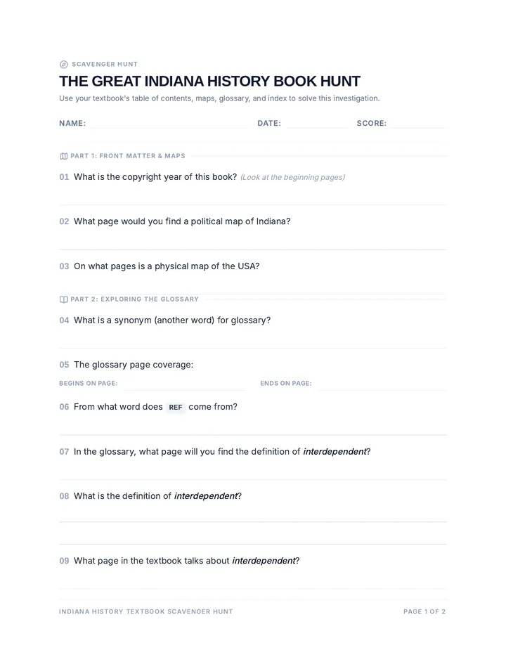 Book Hunt Worksheet