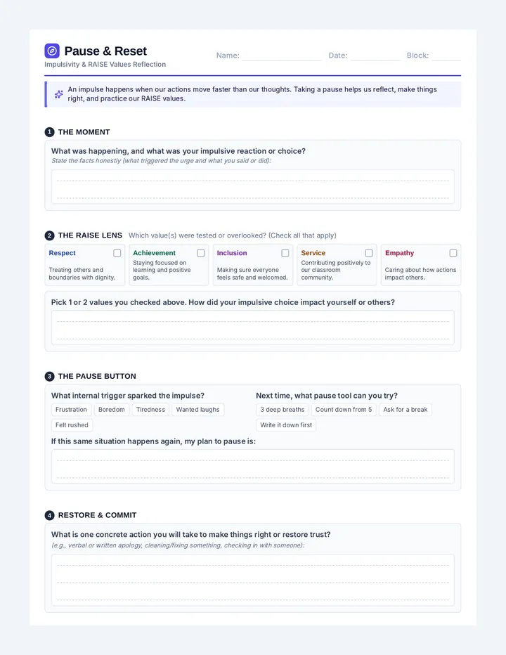 Impulse Check Reflection Sheet