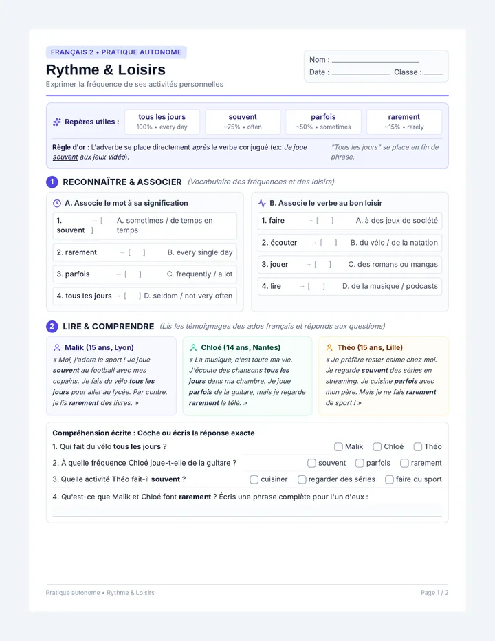 Rythme Loisirs Practice Worksheet