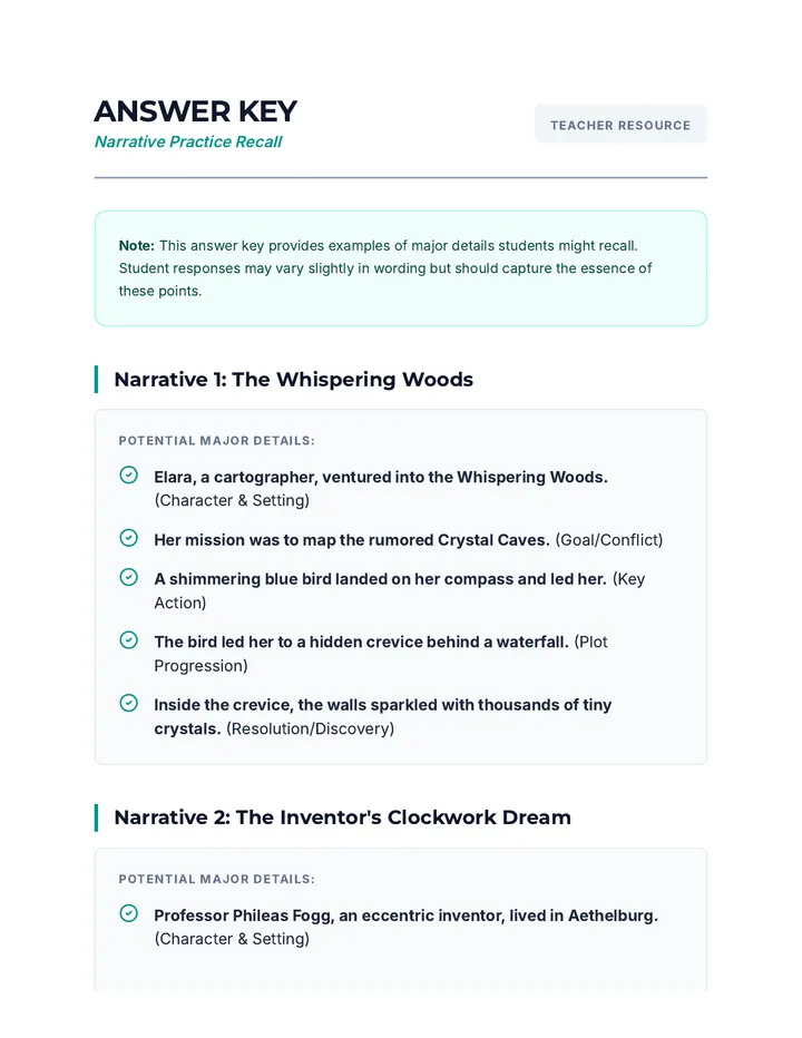Narrative Practice Answer Key