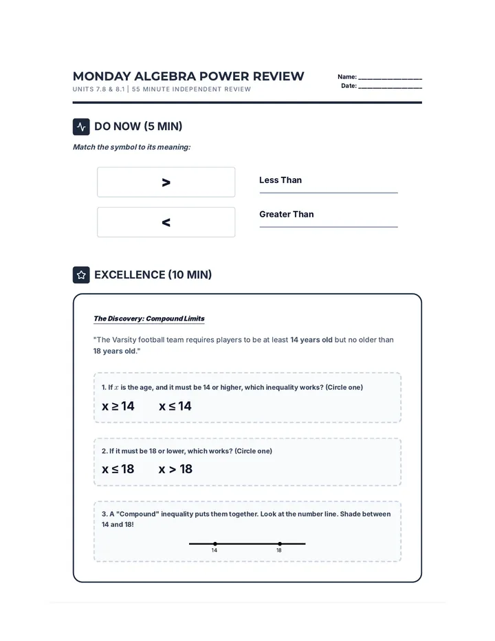 Monday Algebra Power Review Worksheet