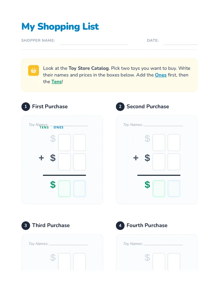 Shopping List Worksheet