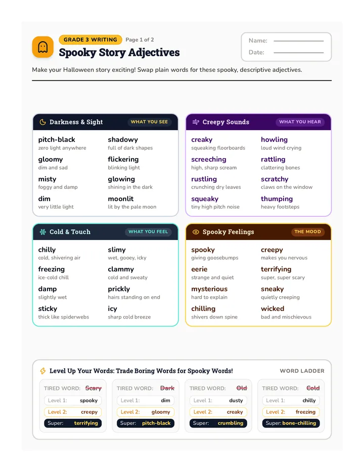 Haunted Vocabulary Reference Sheet