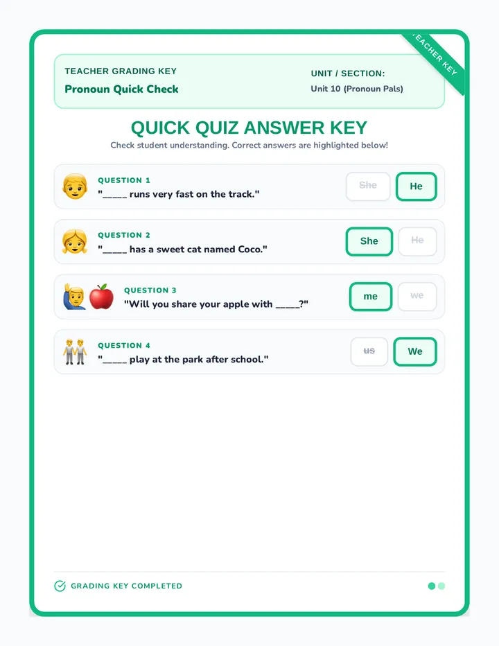 Pronoun Pals Quiz Key