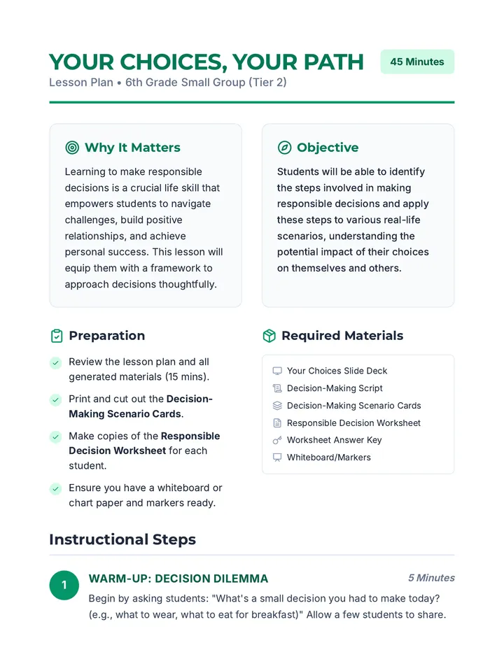 Your Choices Lesson Plan Teacher Guide